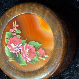 Woodstone Wood & Agate Round Trinket Box Hand Painted  Floral Design Lid